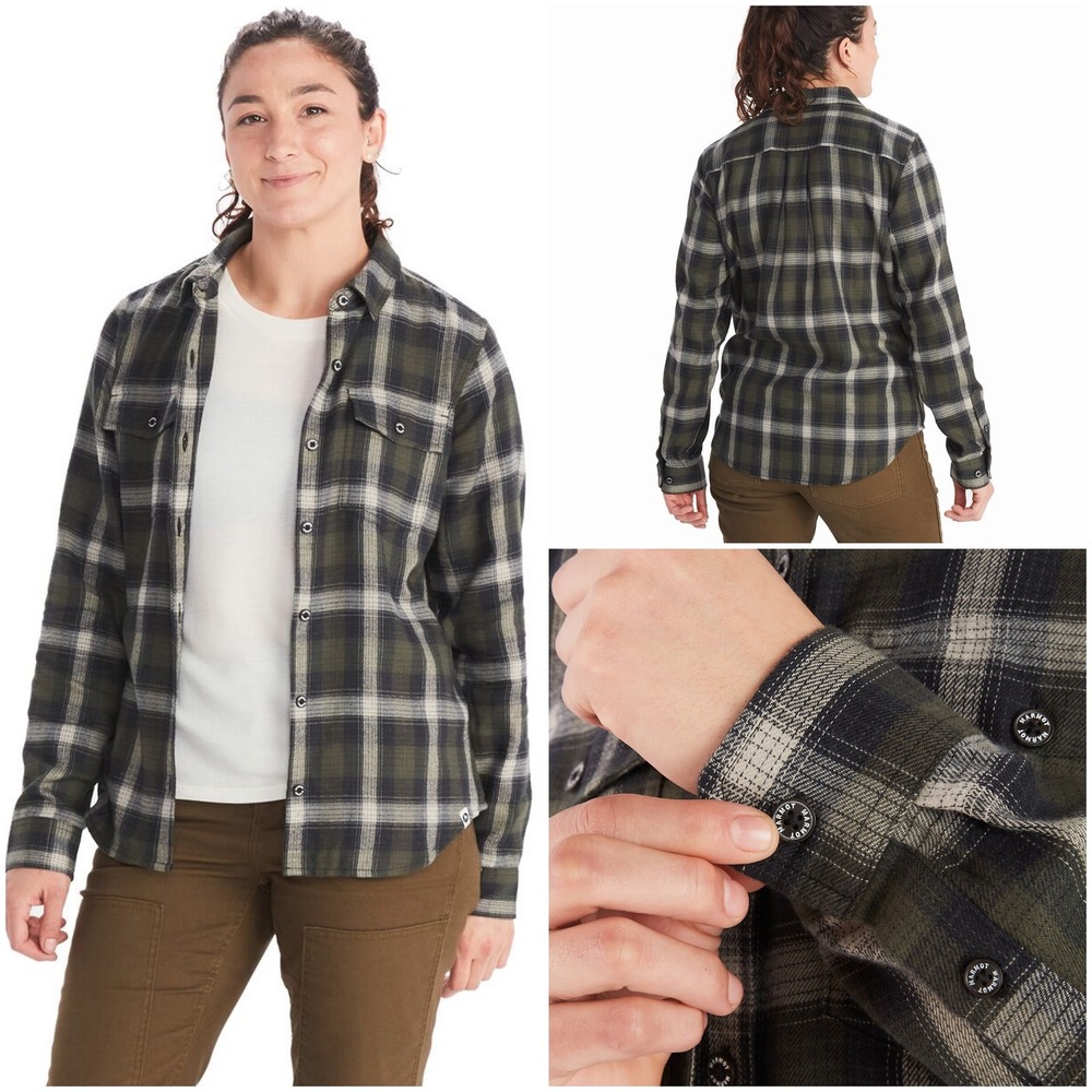 Marmot Mountain Works Green Plaid Flannel Shirt Womens Small Button Down Hiking